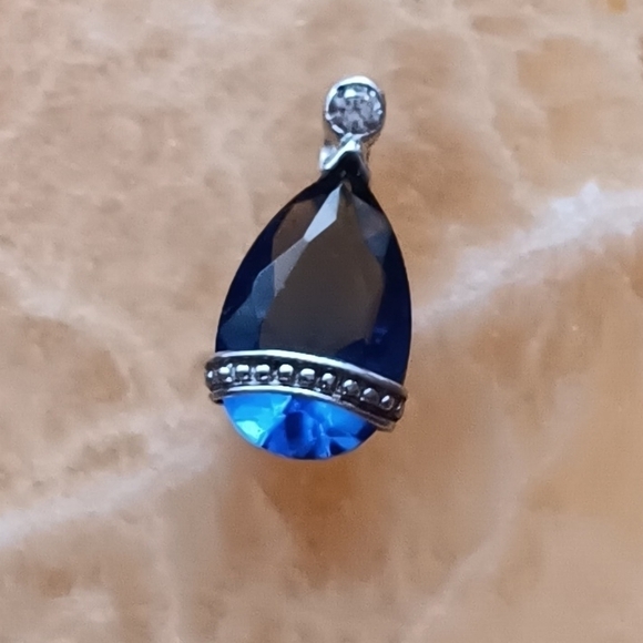 Faux Blue Sapphire Tear Drop Silver Pendant - Picture 4 of 10